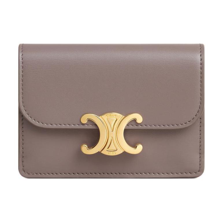 CELINE Triomphe Shiny Calfskin Patchwork Leather Card Holder Women's Eggstone Gray