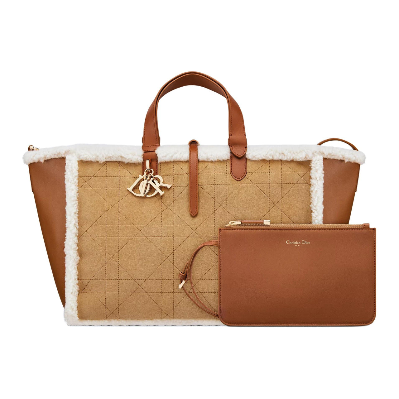 DIOR Suede With Lambskin Shearling Handbag Large Size Women's Khaki Brown
