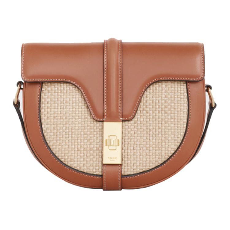 CELINE 16 Fabric Cow Leather Patchwork Handbag Shoulder Bags Small Size Unisex Natural Color & Brown Umber