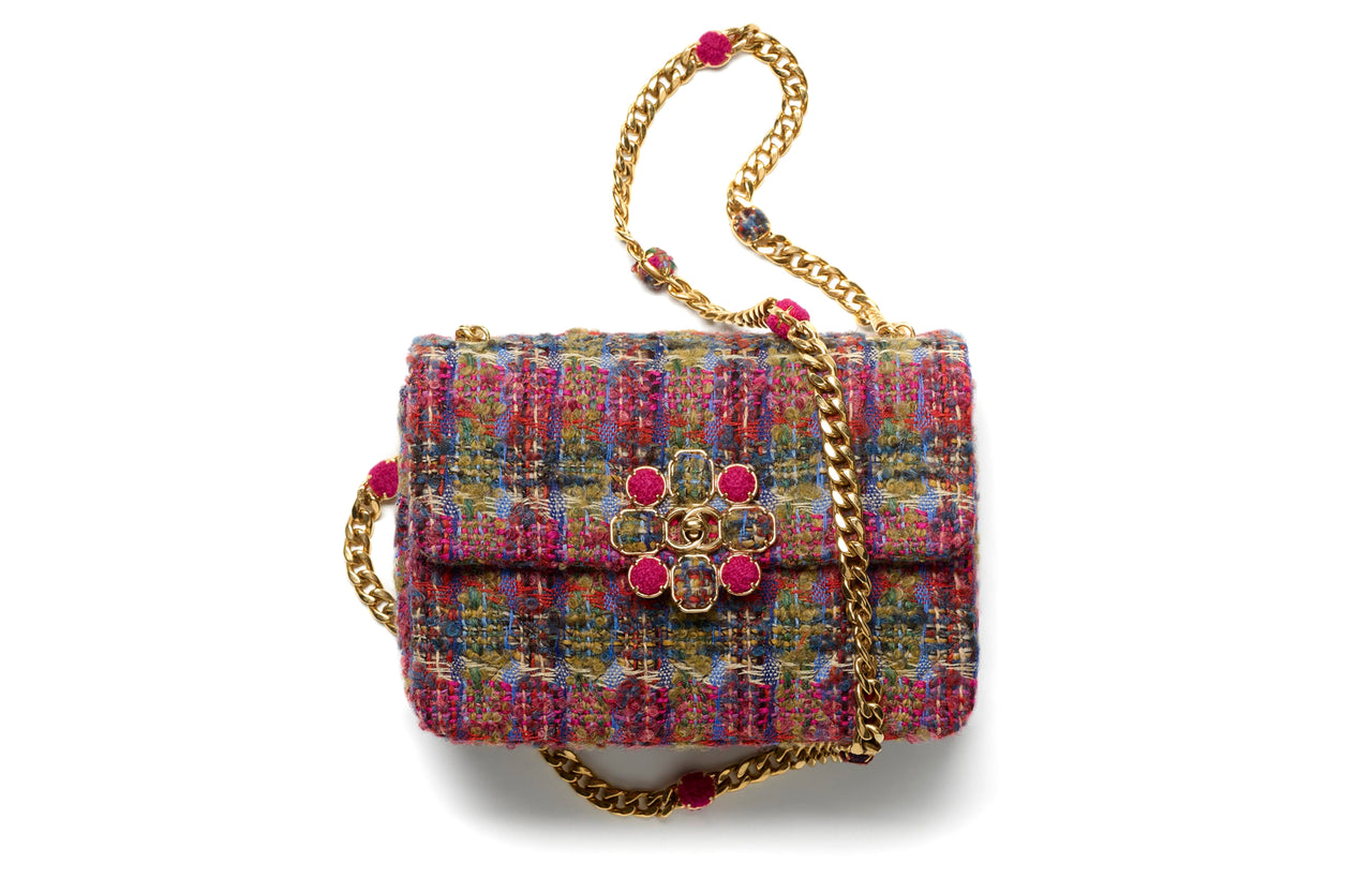 CHANEL 22K Autumn And Winter Wool Twill Soft Woolen Flap Bag, Shoulder Bag, Crossbody Bag Small Size Women's Multicolor