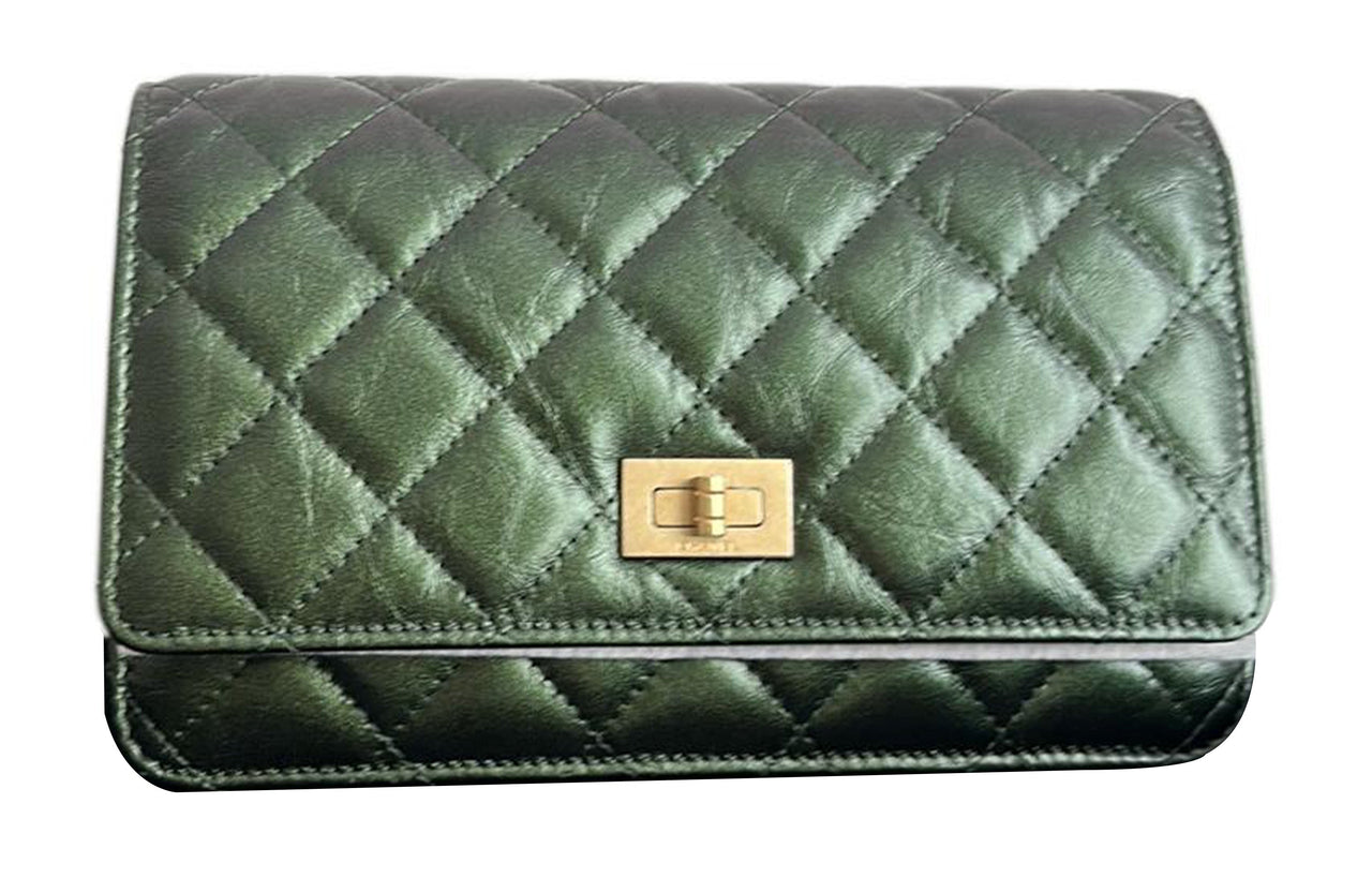 CHANEL 2.55 Embossed Calfskin With Grains Shoulder Bag Crossbody Bag Women's Green