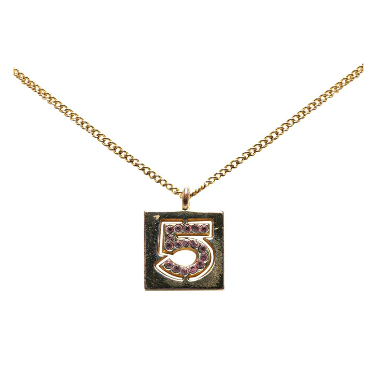 CHANEL 2002 Plated Rhinestone No.5 Square Costume Necklace