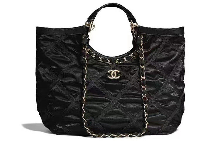 CHANEL Nylon Shopping Bag, Tote Medium Size Women's Black Gold