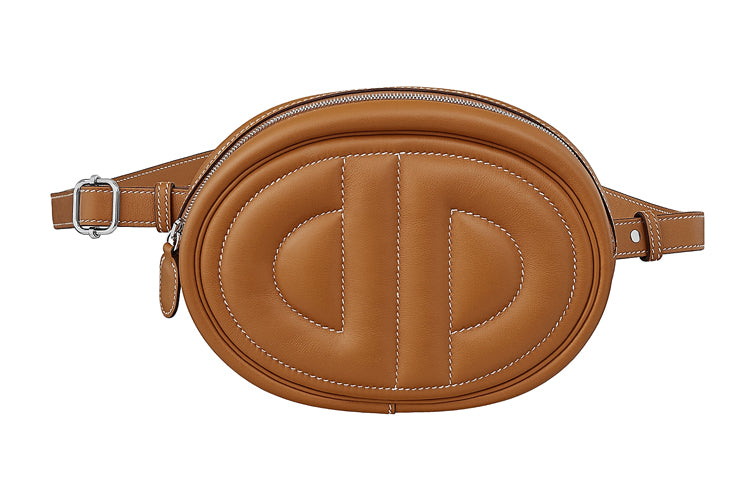 HERMES Cow Leather Crossbody Bags Fanny Pack Unisex Gold Brown