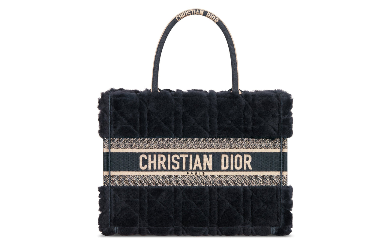DIOR BookTote Shearling Tote Bag Shopping Bag Handbag Medium Size Women's Navy