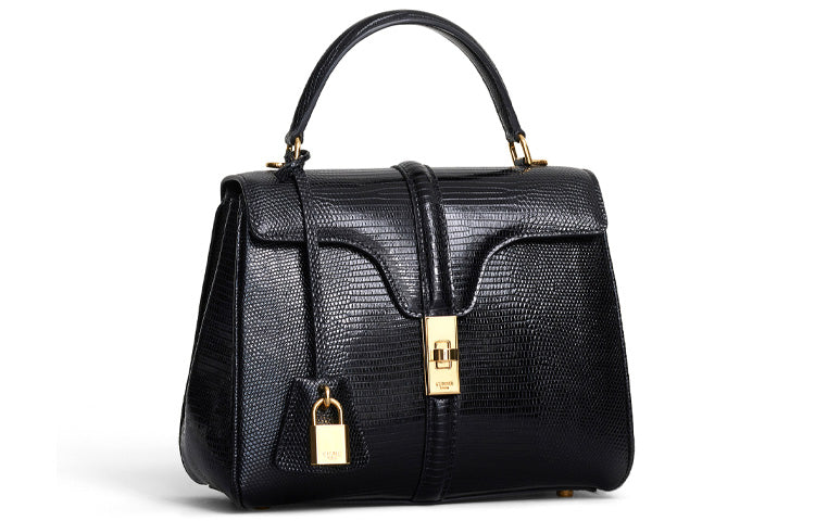 CELINE 16 Lizard Skin Handbag Small Size Women's Black