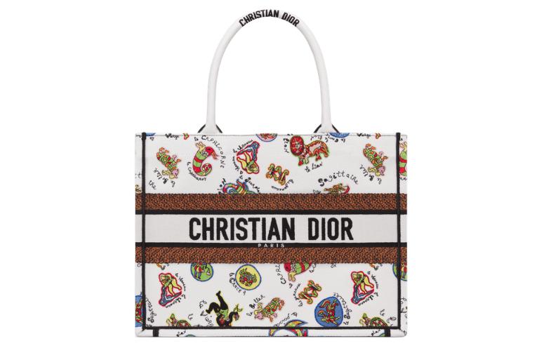 DIOR BookTote Embroidery Tote Bag Shopping Bag Handbag Medium Size Women's White & Multicolor
