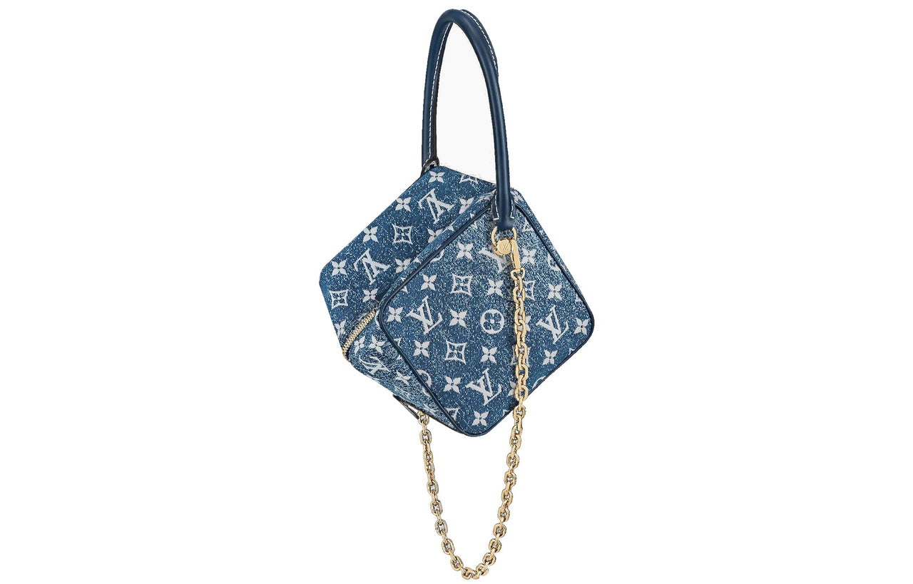 LOUIS VUITTON Jacquard Denim With Cow Leather Patchwork Dice Bag Chain Bag Handbag Regular Women's Blue