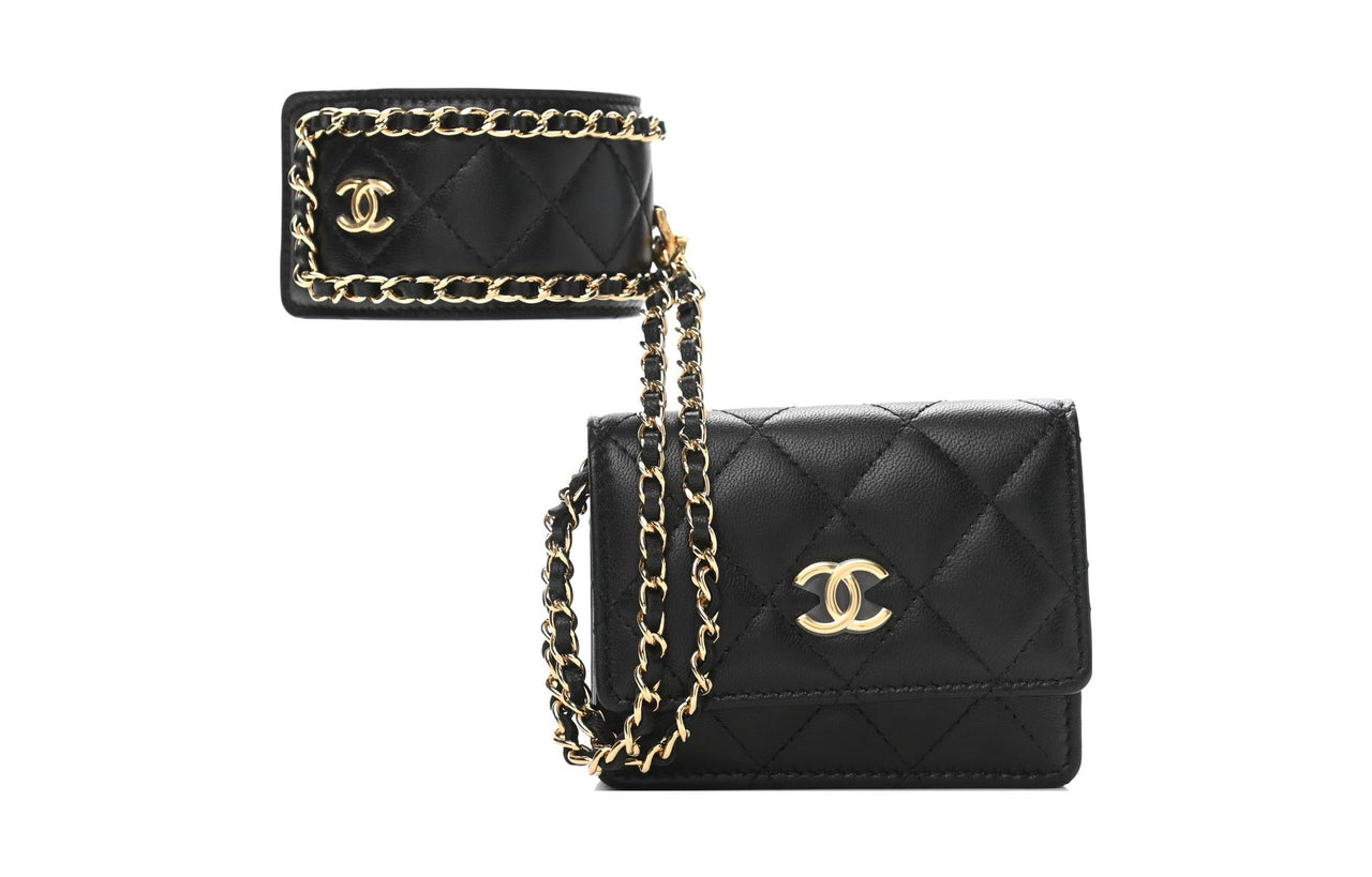 CHANEL Sheepskin With Gold Metal Card Holder Women's Black