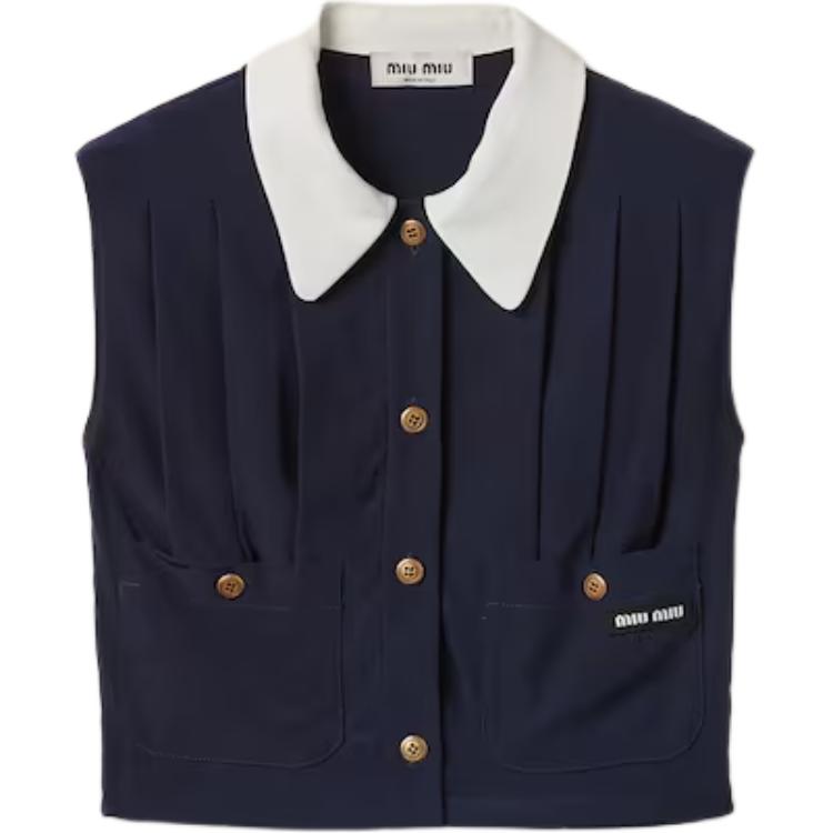 MIU MIU Pleated Marocain Top Crop Top Women's Marine Blue