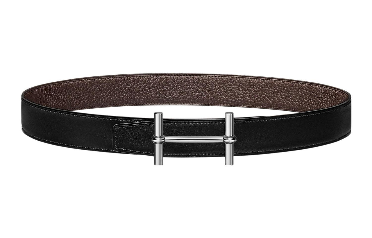 HERMES Comfortable Silver Buckle Togo Calfskin Double Sided Leather Belt Women's Black Width 3.2cm