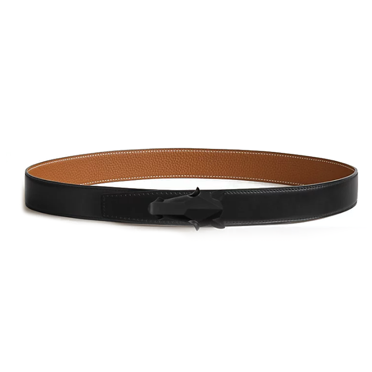 HERMES Calfskin, Stainless Steel, Rubber Leather Belts Men's Black/Brown Width 3.2cm