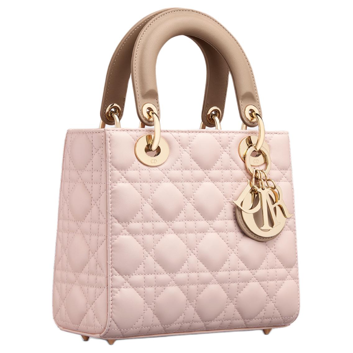 DIOR Lady Dior Lambskin Shoulder Bag Crossbody Bag Handbag Small Size Women's Pink & Brown