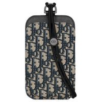 DIOR Oblique Jacquard Canvas With Grainy Surface Calfskin One Shoulder Crossbody Cell Phone Pouch Men's Beige & Black
