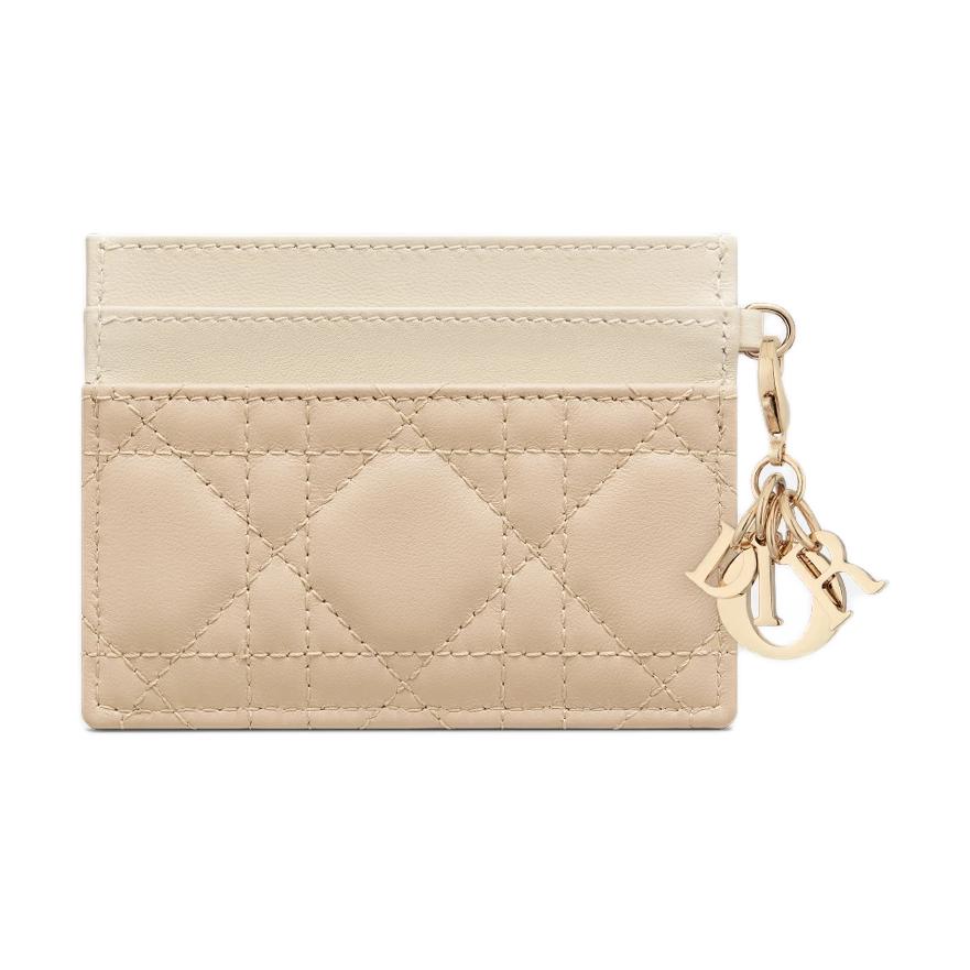 DIOR Lady Dior Sheepskin Card Holder Women's Beige With Ash Gray Accents Ivory
