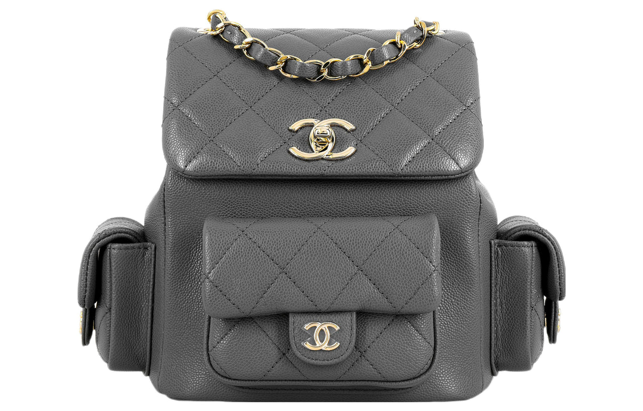 CHANEL Grained Cow Leather Backpack Large Size Women's Dark Gray