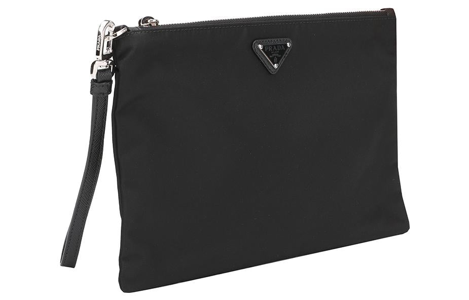 PRADA Recycled Nylon/Cow Leather Toiletry Bag Handheld Briefcases Large Size Men's Black/Silver