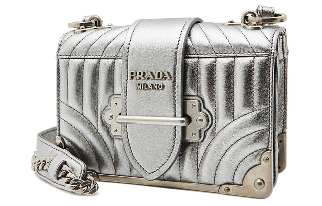 PRADA Cahier Leather Shoulder Bag Women's Silver