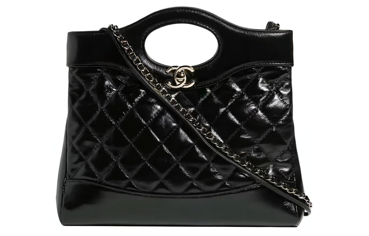CHANEL Shiny Lambskin Portable Crossbody Bag Shoulder Bag Small Size Women's Black