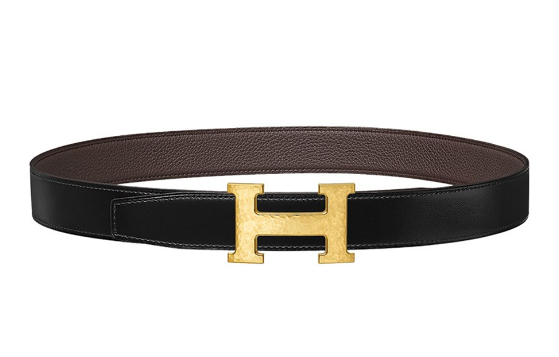 HERMES H Stripes Gold Buckle Togo Calfskin Double-Sided Leather Belt Unisex Black/Chocolate Width: 3.2CM