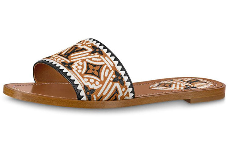 LOUIS VUITTON Lock It Genuine Leather Sole Slide Slippers Women's Amber
