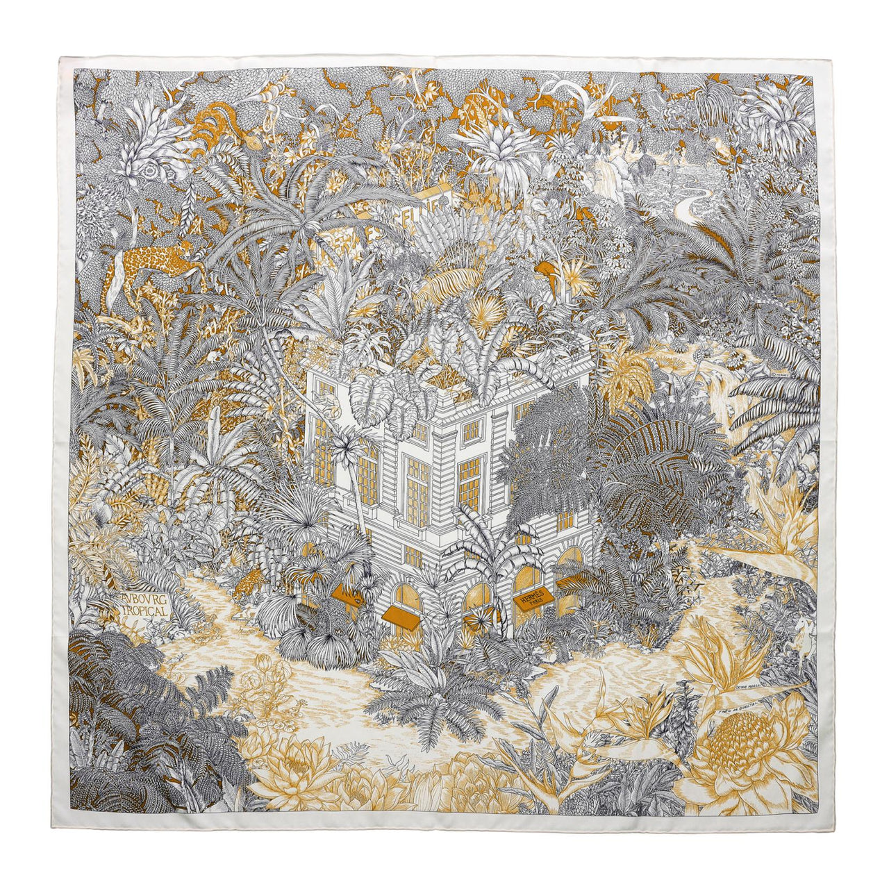 HERMES Silk Silk Scarves Women's Dark Brown/White/Caramel