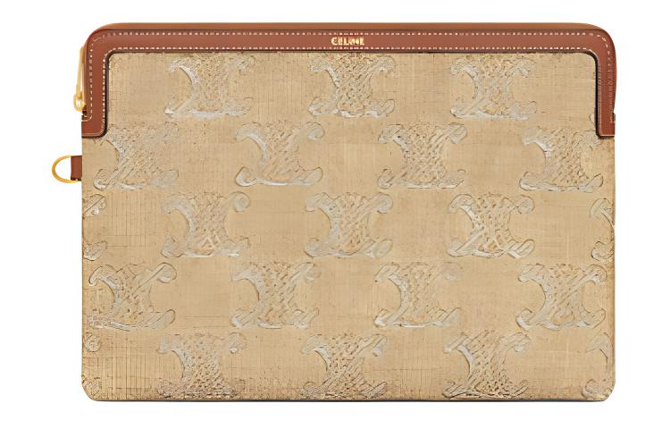 CELINE Triomphe Fabric With Calfskin Clutch Small Size Women's Natural & Silver