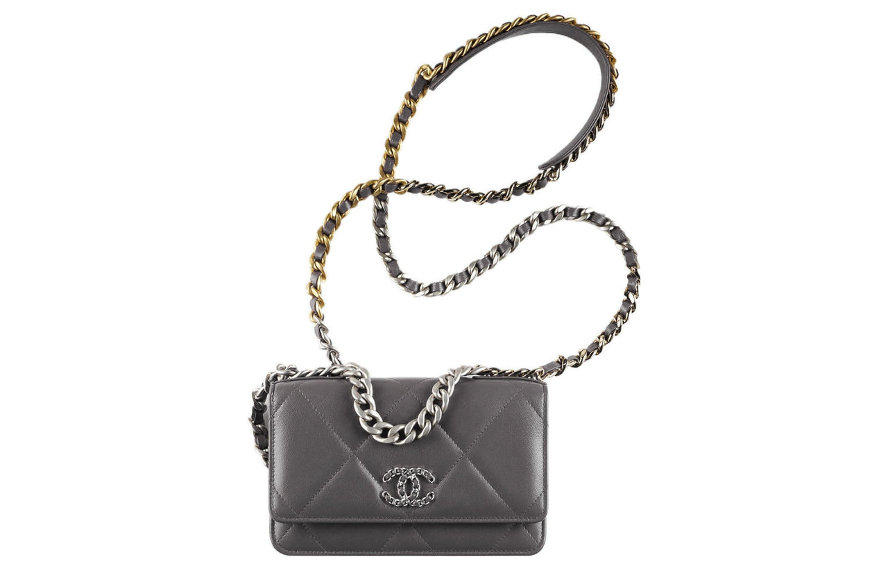 CHANEL 19BagWOC Lambskin Wealth Bag Mouth Cover Bag Handbag Shoulder Bag Crossbody Bag Women's Dark Gray