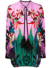 Valentino Garavani Feather-Embellished Mirrored Orchid Ramage Blouse