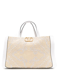 Valentino Garavani Vlogo Embroidered Raffia Tote Bag