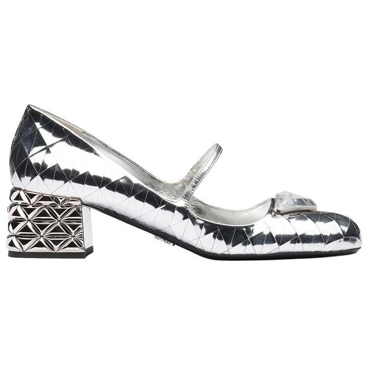 PRADA Block Heel Mary Jane Shoes Women's Silver