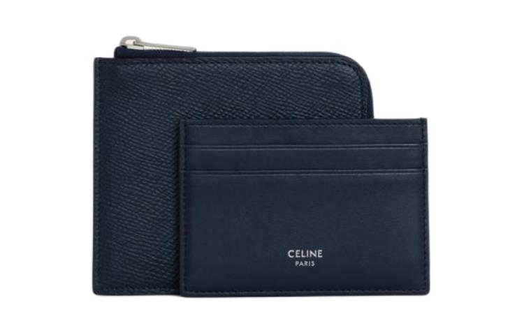 CELINE Grained Cow Leather With Lambskin Accents Card Holder Wallet Men's Marine Blue
