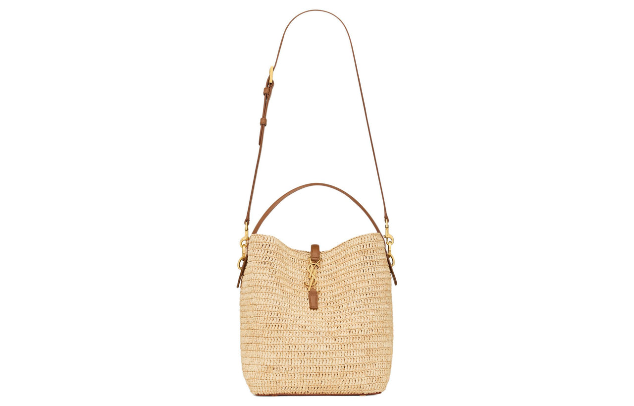 SAINT LAURENT Raffia With Calfskin Portable Crossbody Bag, Shoulder Bag Women's Natural & Brick Red