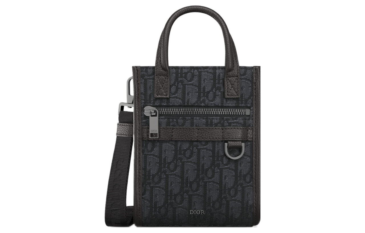 DIOR Oblique Printed Fabric Grain Embossed Cow Leather Handbag Shoulder Bag Crossbody Bag Mini Men's Black