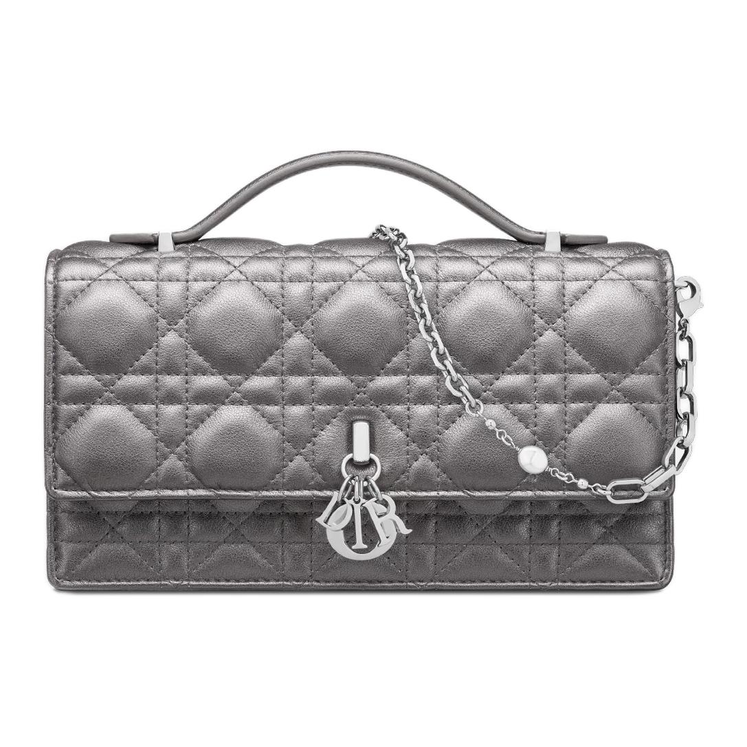 DIOR Calfskin Shoulder Bag Crossbody Bag Handbag Mini Women's Metal Silver