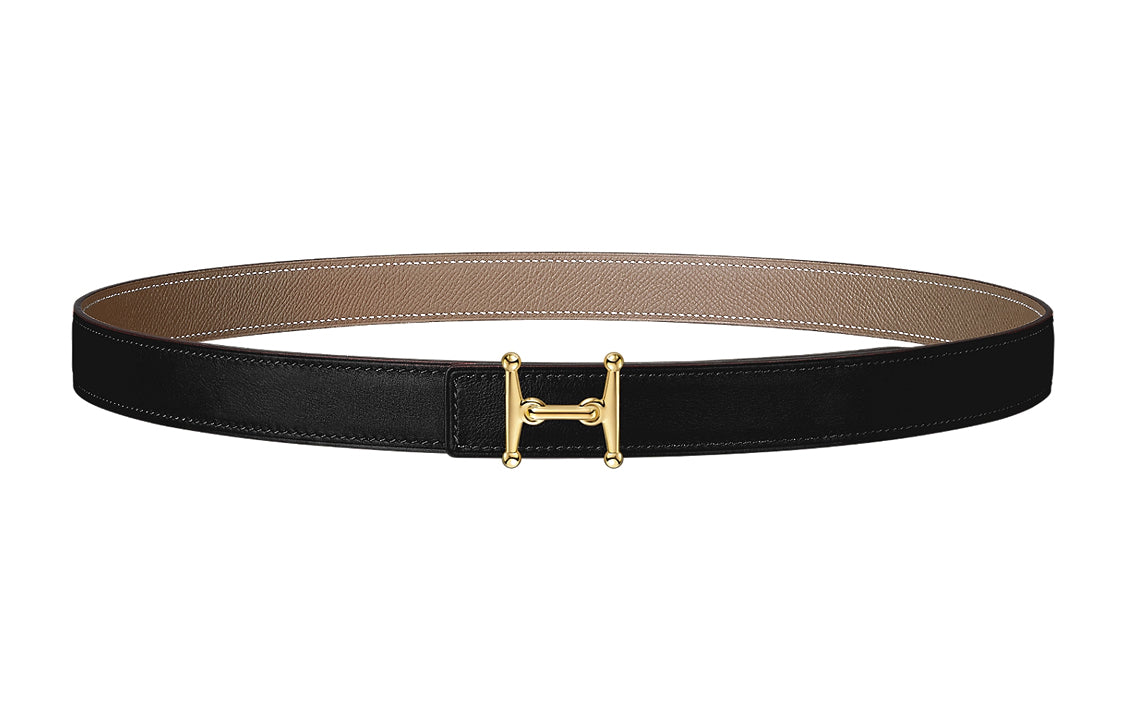 HERMES Iconic Mors H Gold Buckle Epsom Calfskin Double-Sided Leather Belt Women's Black/Light Brown Width: 2.4cm