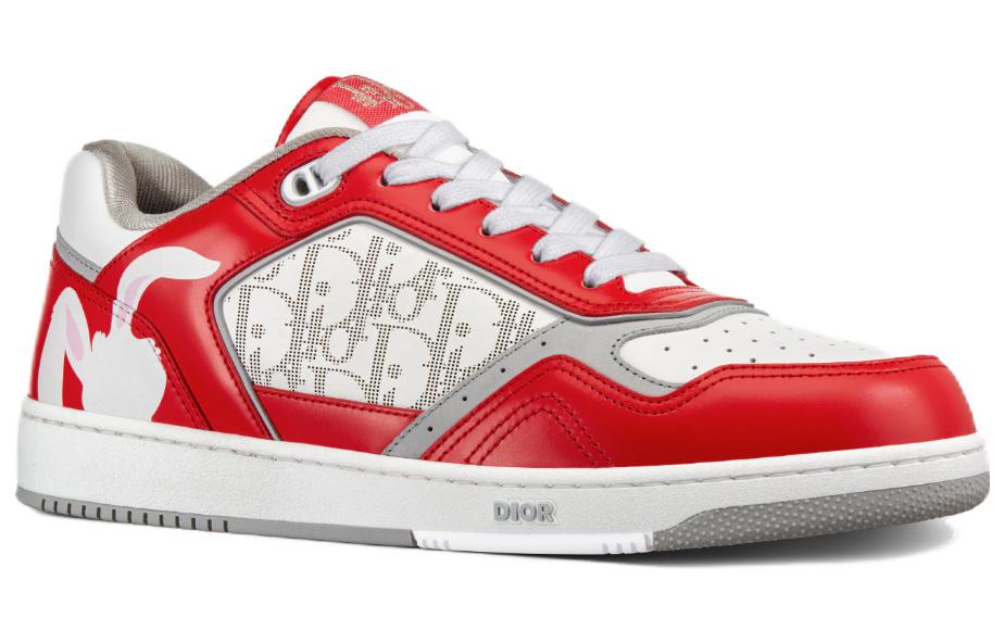 DIOR B27 Low Erl Red And White Smooth Calfskin And White DIOR Oblique Galaxy Leather With Rabbit Motif