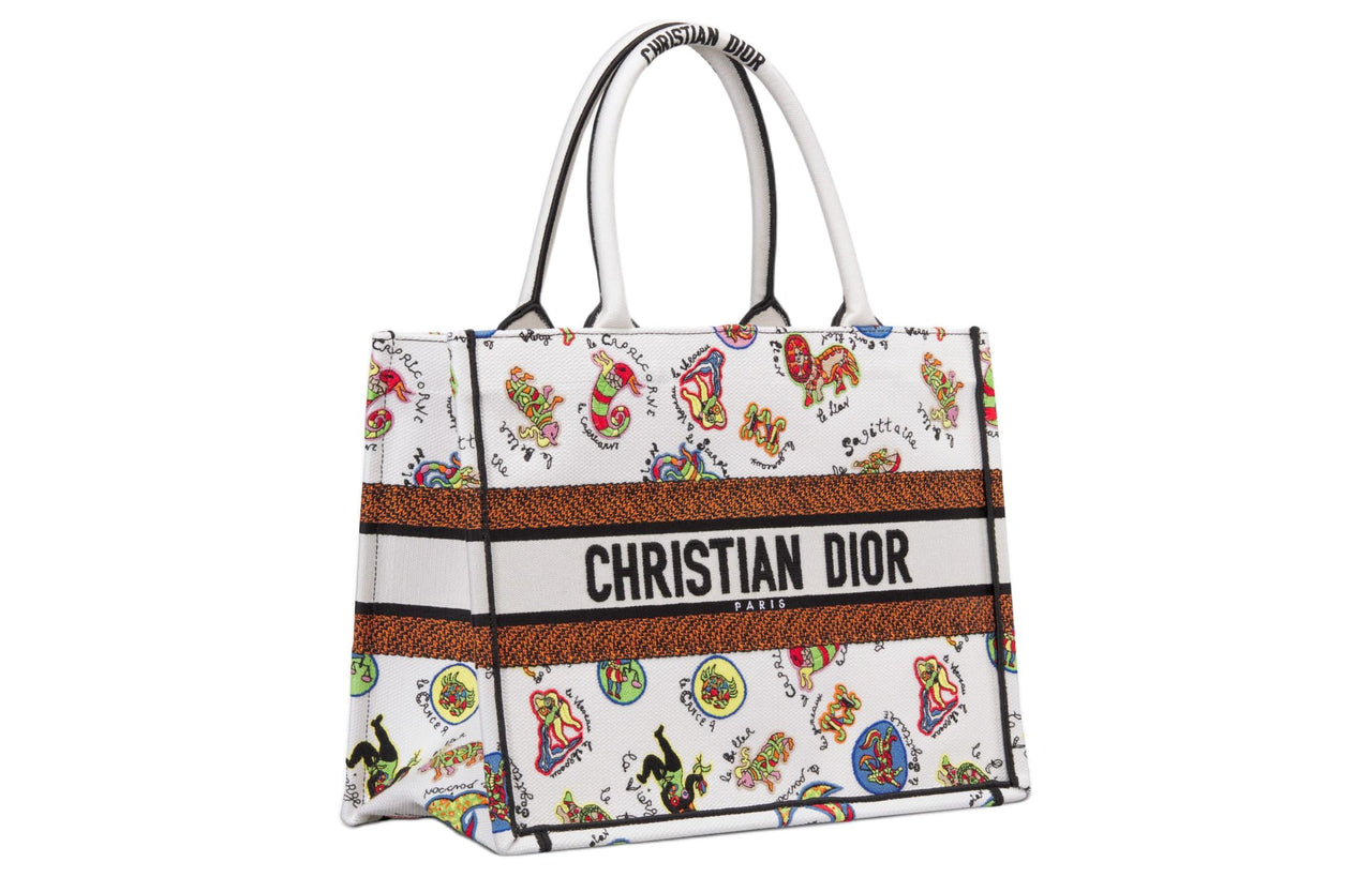 DIOR BookTote Embroidery Tote Bag Shopping Bag Handbag Medium Size Women's White & Multicolor