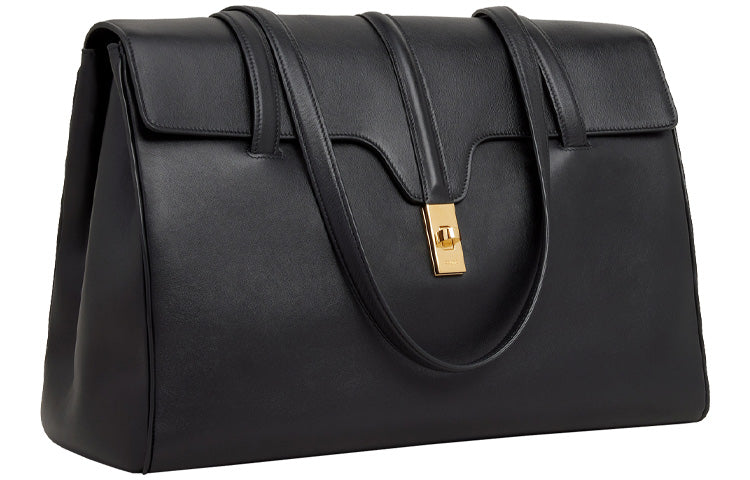 CELINE 16 Smooth Cow Leather Handbag Shoulder Bag Medium Size Women's Black
