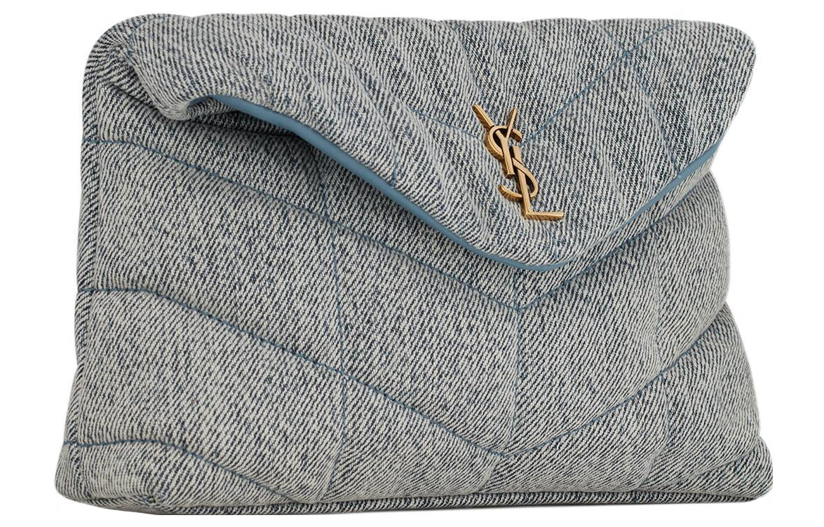 SAINT LAURENT PUFFER Cotton With Leather Clutch Trumpets Women's Blue Gray