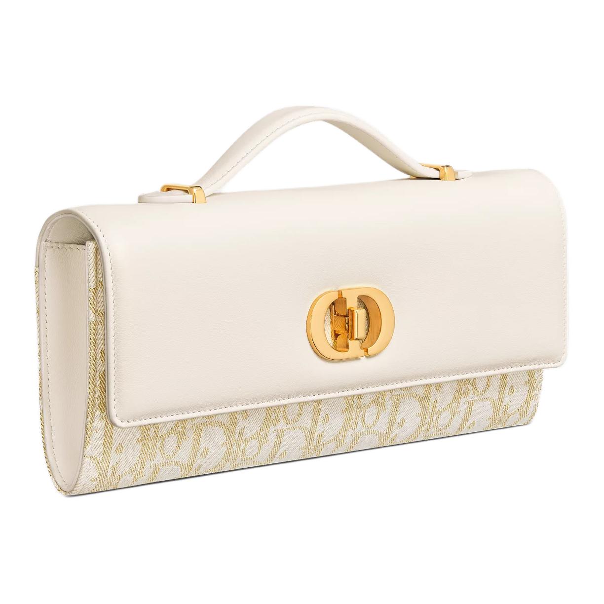 DIOR 30 Montaigne Cow Leather Handbag Women's White & Gold
