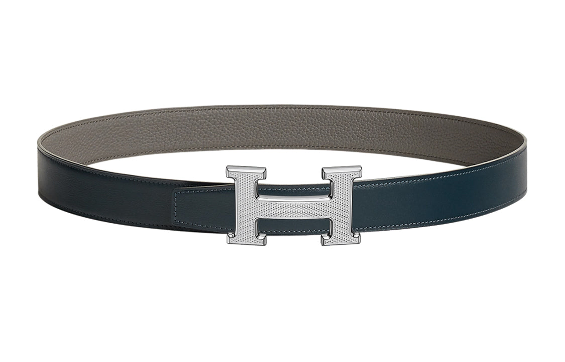 HERMES H Shiny Silver Buckle Togo Calfskin Double-Sided Leather Belt Women's Dark Blue/Gray Width: 3.2cm