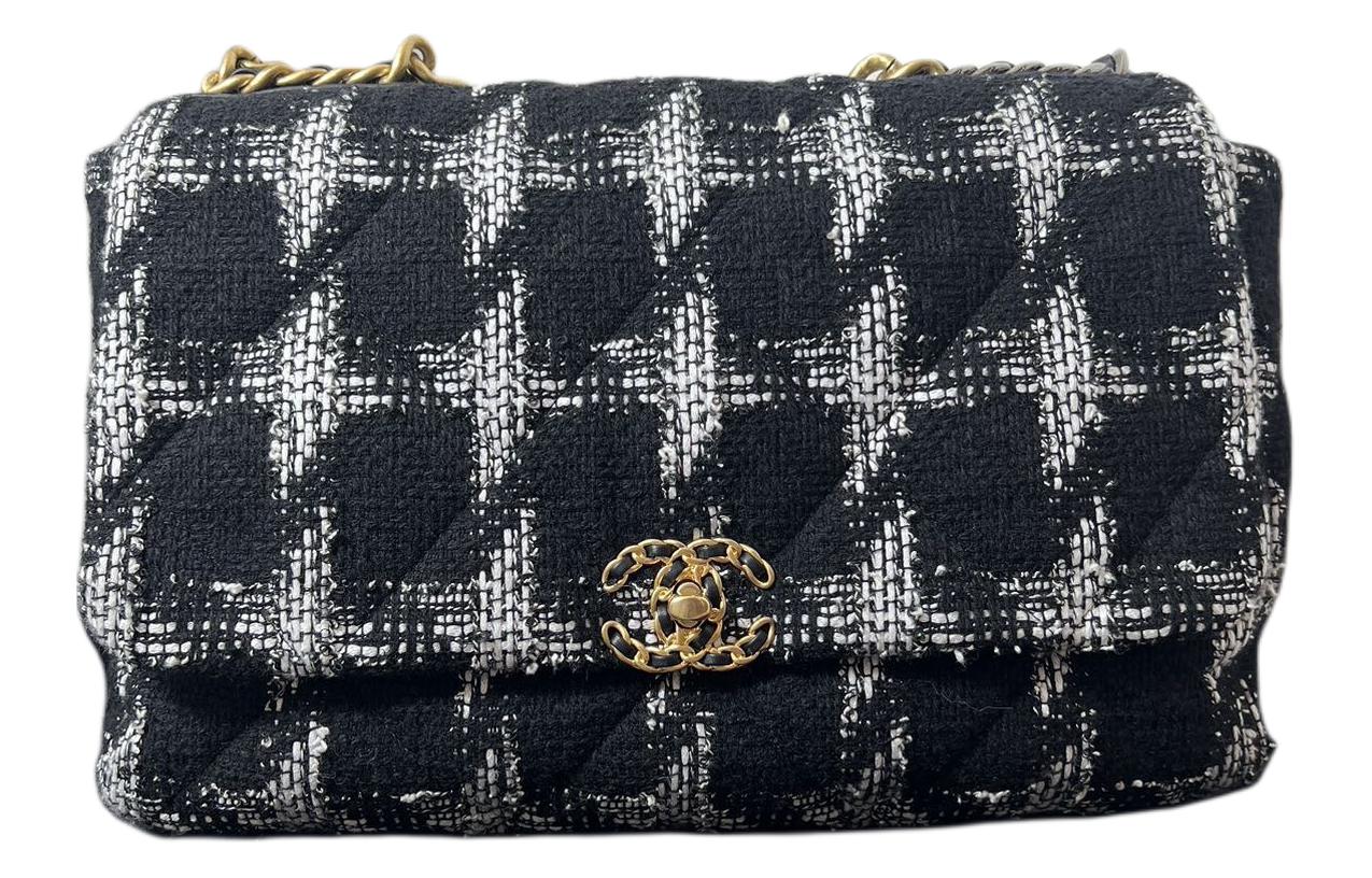 CHANEL 19Bag22K Fall And Winter Wool Twill Velvet Shoulder Bag Crossbody Bag Large Size Women's Black White
