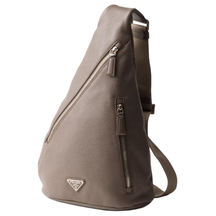 PRADA Cross Leather Shoulder Bag Men's Bamboo Gray
