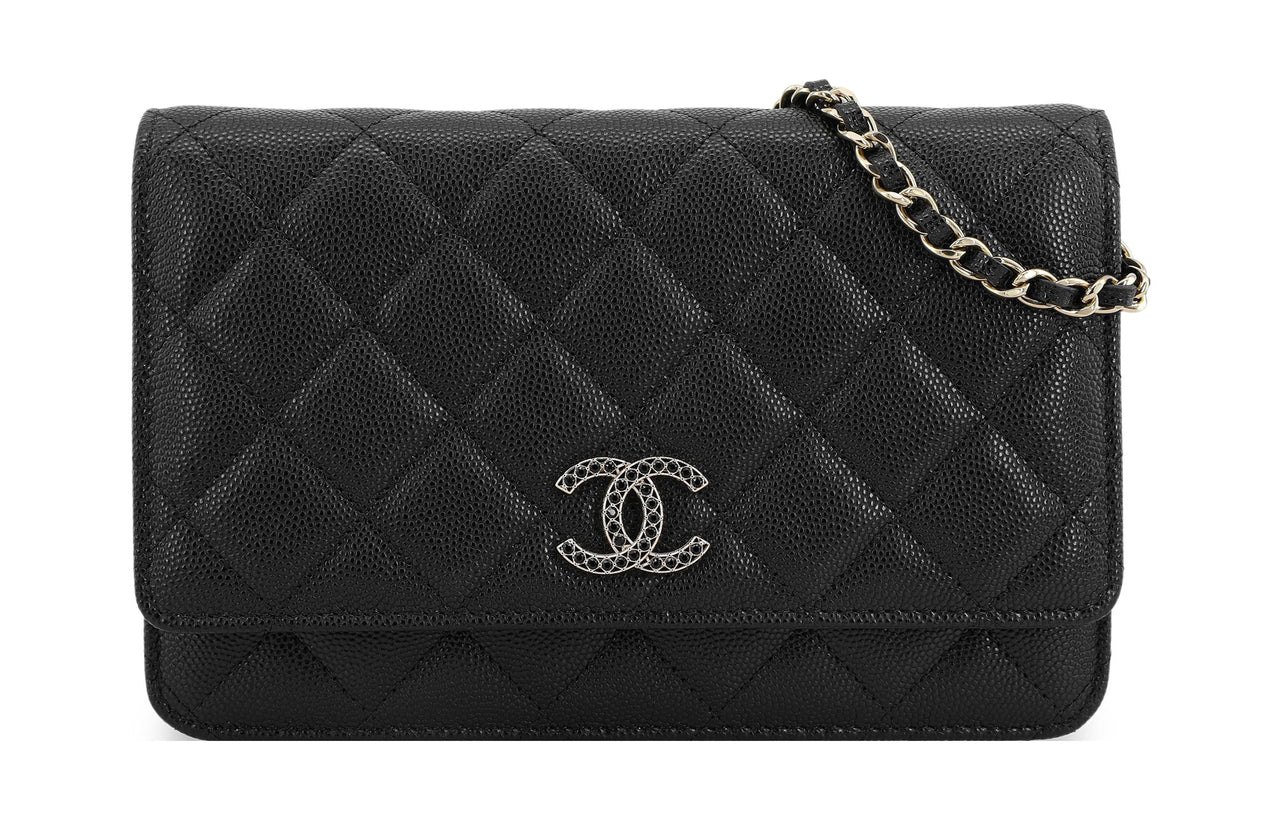 CHANEL Grained Calfskin Rhinestone Shoulder Bag Crossbody Bag Wallets Women's Black