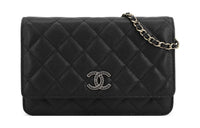 CHANEL Grained Calfskin Rhinestone Shoulder Bag Crossbody Bag Wallets Women's Black