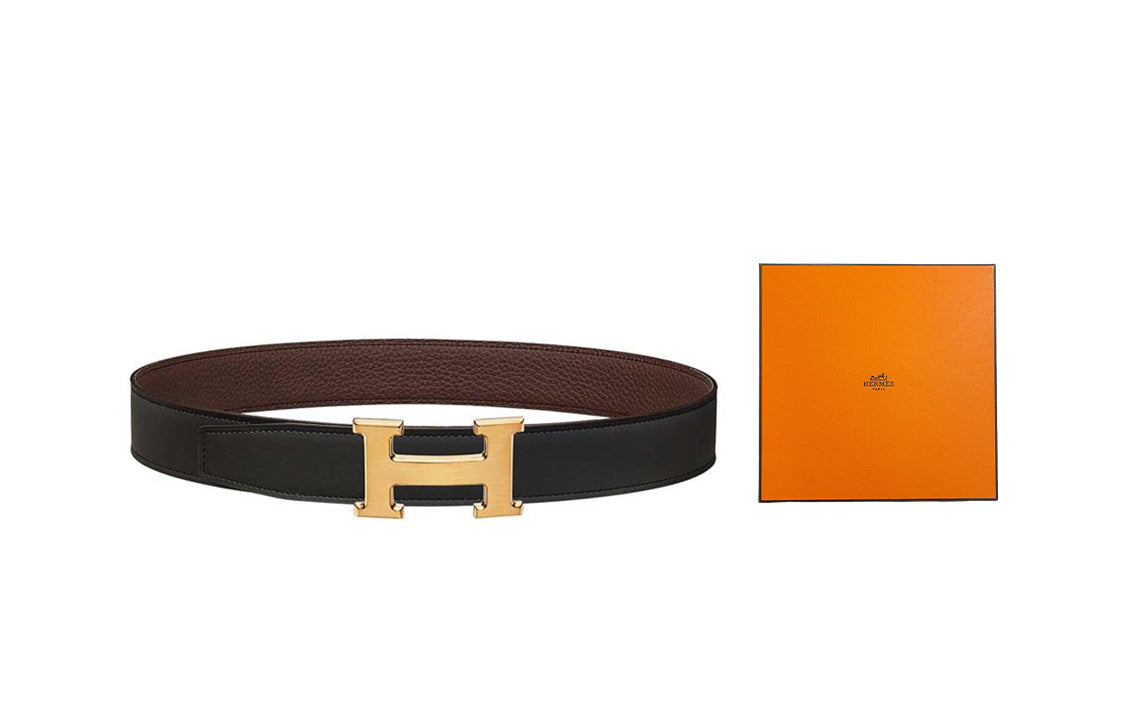 HERMES Togo Calfskin Belt Leather Belts Unisex Black/Chocolate Width: 3.2cm