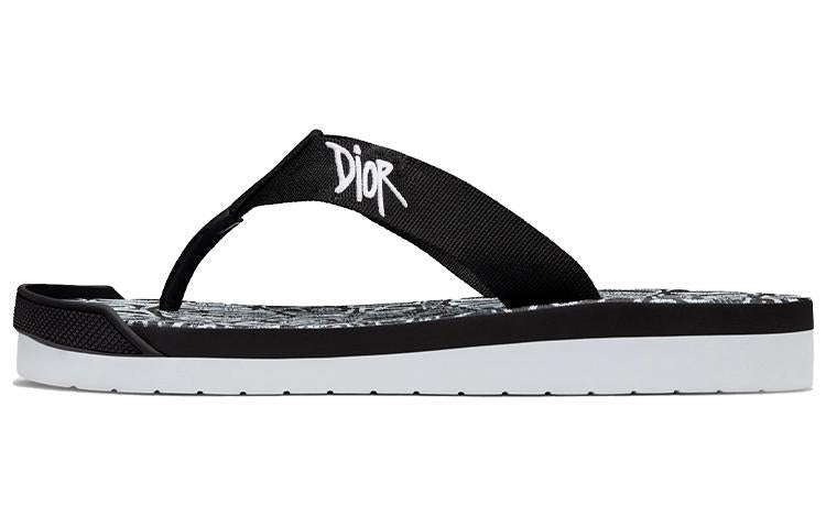 DIOR And Shawn Embroidery Flip Flops White Black
