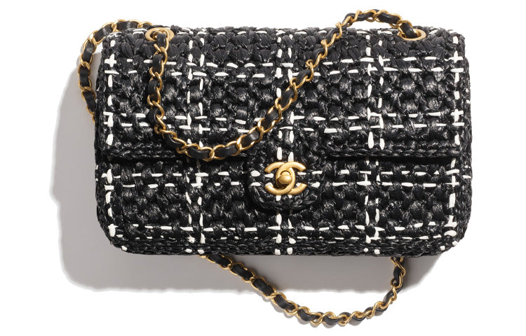 CHANEL Raffia And Plaid Combination Shoulder Bag, Crossbody Bag Women's Black/White