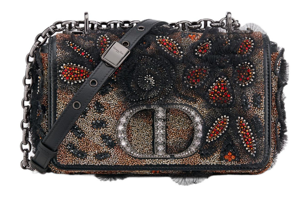 DIOR Caro Embroidered Cow Leather Patchwork Handheld Shoulder Bag Crossbody Bag Small Size Women's Black